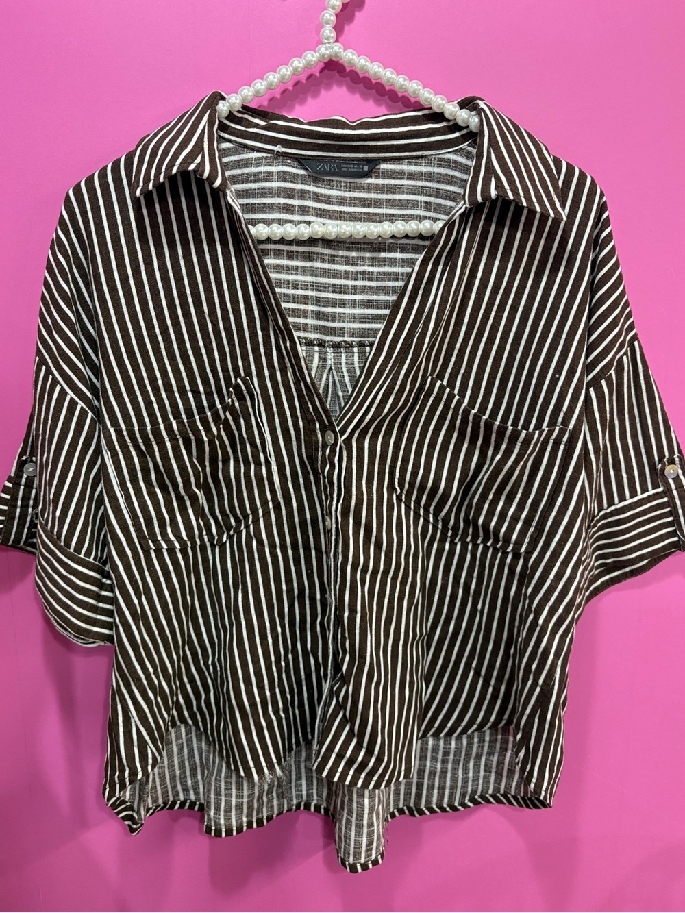 Zara Brown & White Striped Short Sleeve Button up Shirt